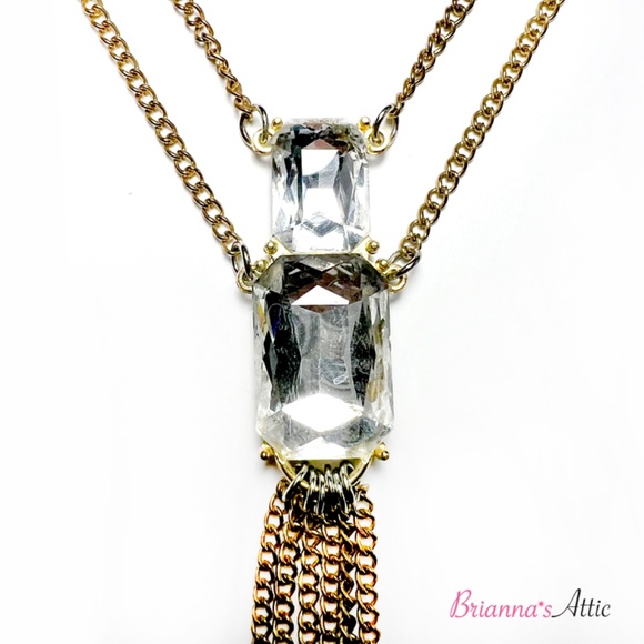 Gold Tone Long Square Crystal Necklace with Artistic Earrings - Picture 6 of 14